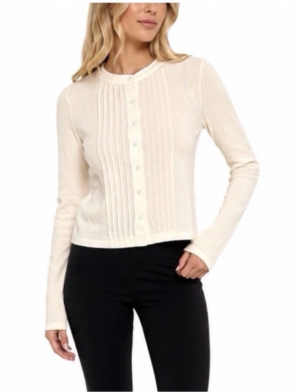 J. McLaughlin Cashmere Front Tuck Pleat Cream Cardigan Small